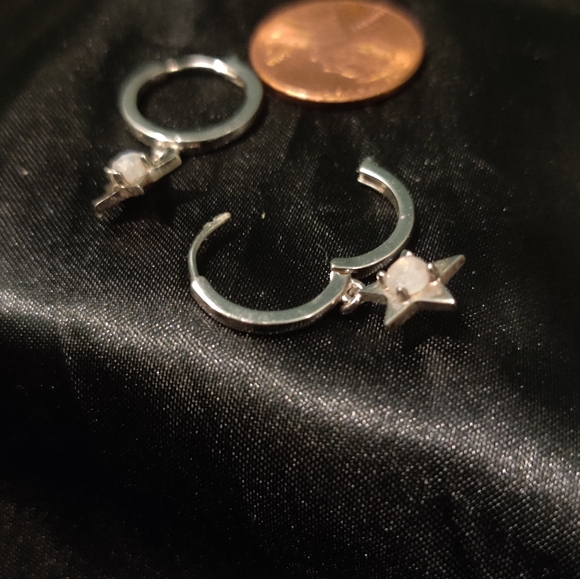 White Rhodium Plated Sterling Silver Moonstone Star Drop Huggie Hoop Earrings - Picture 2 of 5